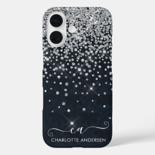 Funda iPhone 16 Nombre de Monograma con joyas de Purpurina negro y