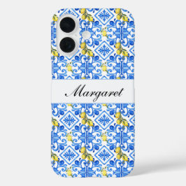 Funda iPhone 16 Nombre de monograma de acuarela de baldosa azul li