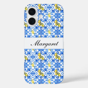 Funda iPhone 16 Nombre de monograma de acuarela de baldosa azul li