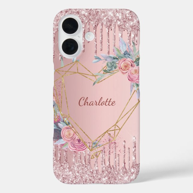 Funda iPhone 16 Nombre de monograma de goteo floral rosa Rubor (Reverso )