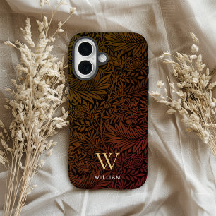 Funda iPhone 16 Nombre de monograma dorado floral naranja quemado 