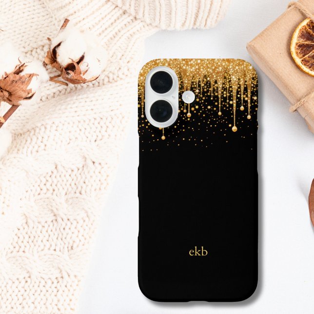 Funda iPhone 16 Nombre de monograma Iniciales Purpurina de goteo d (Black Gold Dripping Glitter Monogrammed Name Initials iPhone case)