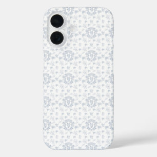 Funda iPhone 16 Nombre de monograma repetido Toile Azul Victoriano