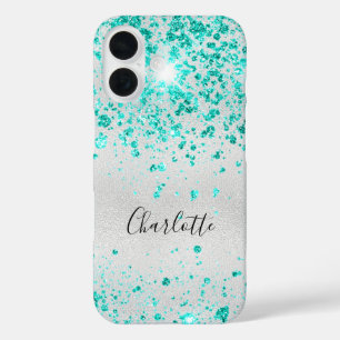 Funda iPhone 16 Nombre de monograma verde purpurina verde azulado
