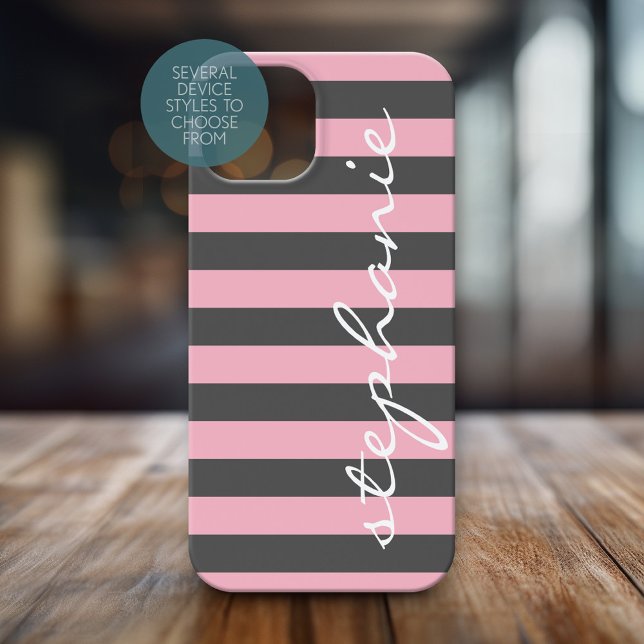 Funda iPhone 16 Nombre del guión del patrón rayado rosado de Rubor (Personalized Phone Case with Trendy Stripes and Custom Name)
