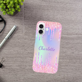Funda iPhone 16 Nombre del purpurina holográfico rosa morado