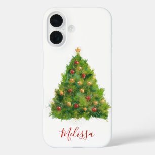 Funda iPhone 16 Nombre festivo de árbol de navidad acuarela