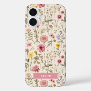 Funda iPhone 16 Nombre floral de acuarela botánica rosa