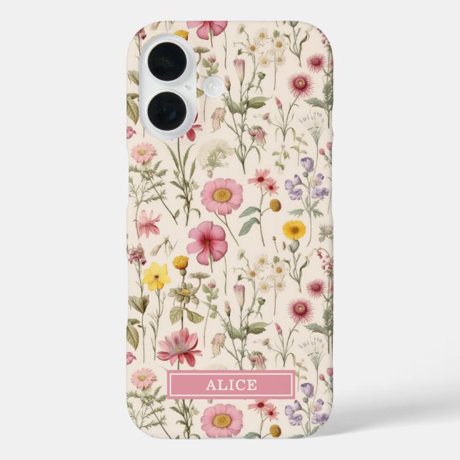 Funda iPhone 16 Nombre floral de acuarela botánica rosa (Reverso )