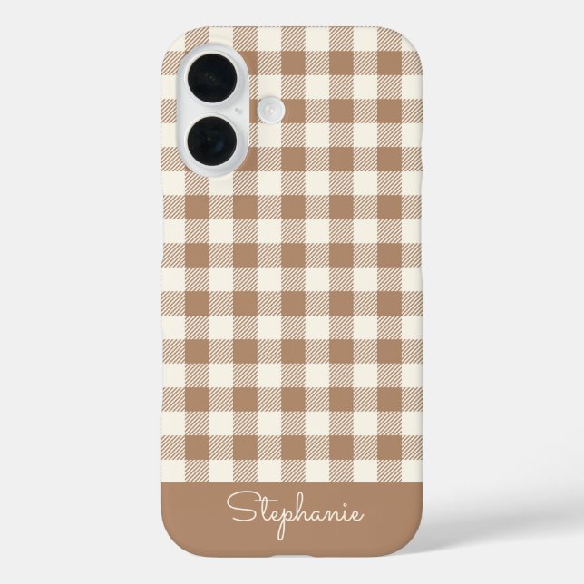 Funda iPhone 16 Nombre marrón a cuadros de patrón de gingham boho (Reverso )