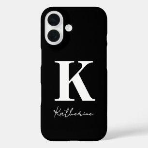 Funda iPhone 16 Nombre moderno Inicial Negro Blanco Personalizable