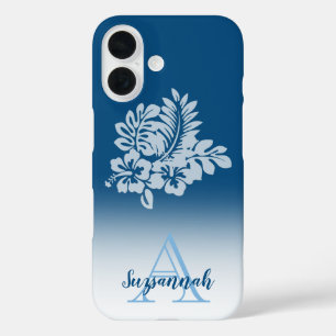Funda iPhone 16 Nombre Monograma Flores de Hibisco Tropicales Ombr