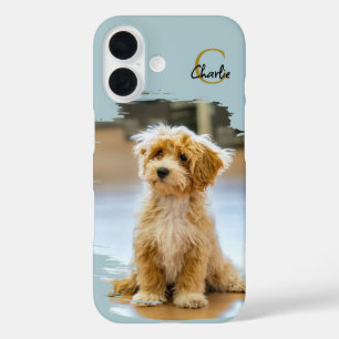 Funda iPhone 16 Nombre Monograma Foto Perro Azul Pastel Minimalist