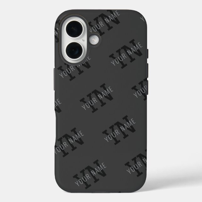 Funda iPhone 16 Nombre monogramado gris oscuro en baldosas moderna (Reverso )