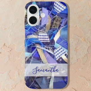 Funda iPhone 16 Nombre Personalizado Azul Blanco Lila Abstracto a 