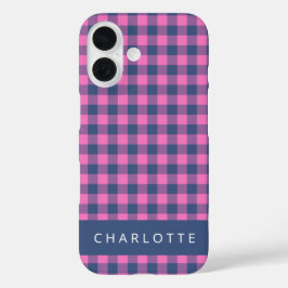 Funda iPhone 16 Nombre personalizado azul rosado de búfalo retro
