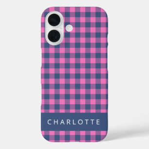 Funda iPhone 16 Nombre personalizado azul rosado de búfalo retro