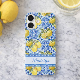 Funda iPhone 16 Nombre Personalizado Baldosa Azul Mediterráneo Lim