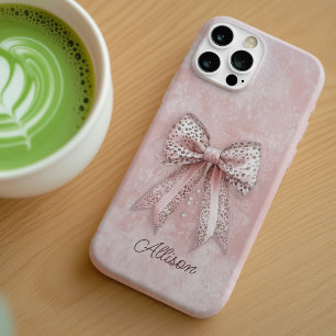 Funda iPhone 16 Nombre personalizado de Bow elegante Purpurina de 