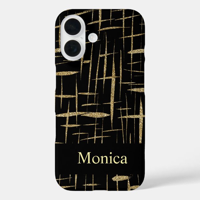 Funda iPhone 16 nombre personalizado de brillo de purpurina negro  (Reverso )