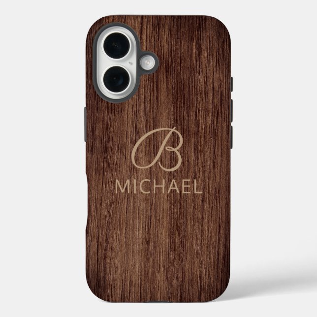 Funda iPhone 16 Nombre personalizado de madera con grano de madera (Reverso )