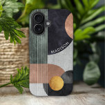 Funda iPhone 16 Nombre personalizado de mármol geométrico abstract<br><div class="desc">Modern Resumen Los Fundas iPhone 16 de Marble Geométrico con formas geométricas de color oro rosa y oro negro sobre un fondo de mármol gris con rayas y tu nombre personalizado en escritura blanca moderna. Personalice editando el texto en el cuadro de texto proporcionado. Diseñado por ©Evco Studio www.zazzle.com/store/evcostudio</div>