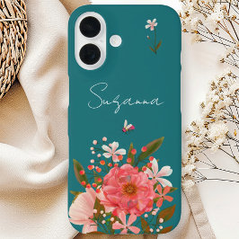 Funda iPhone 16 Nombre personalizado del guión floral rosa de Boho