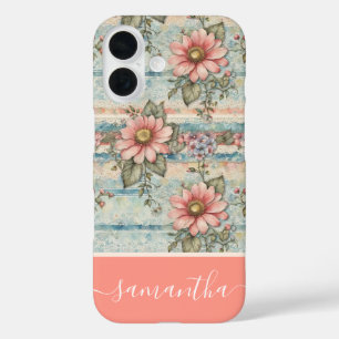 Funda iPhone 16 Nombre personalizado del patrón floral vintage de