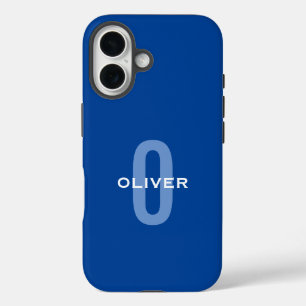 Funda iPhone 16 Nombre personalizado en monograma azul y blanco