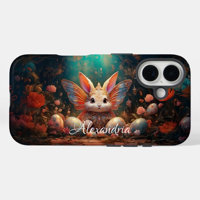 Funda iPhone 16 Nombre personalizado Feliz conejo de Pascua con hu (Reverso (Horizontal))
