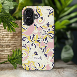 Funda iPhone 16 Nombre personalizado floral abstracto moderno de G