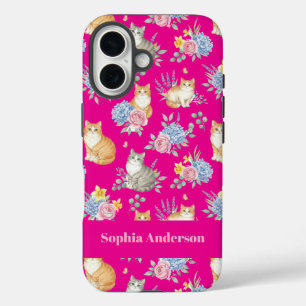 Funda iPhone 16 Nombre Personalizado Gatos y Flores Acuarela