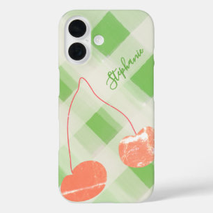 Funda iPhone 16 Nombre personalizado Gingham Green Cream Cherry