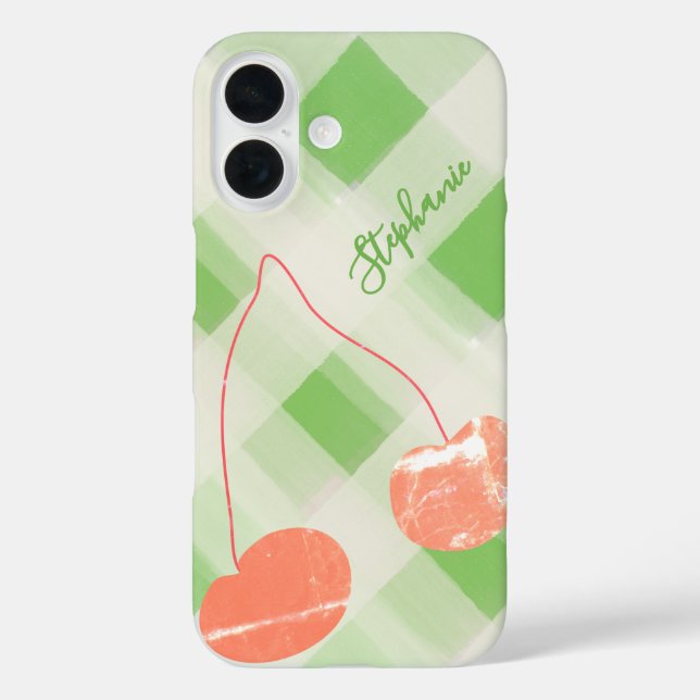 Funda iPhone 16 Nombre personalizado Gingham Green Cream Cherry (Reverso )