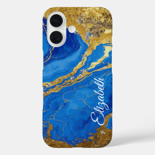 Funda iPhone 16 Nombre personalizado Marble azul y hoja de oro