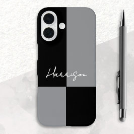Funda iPhone 16 Nombre personalizado negro gris del bloque de colo