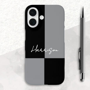 Funda iPhone 16 Nombre personalizado negro gris del bloque de colo