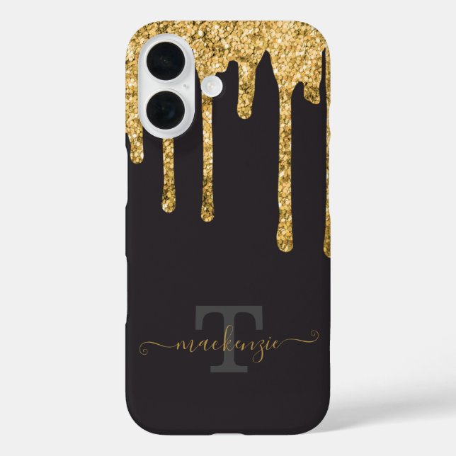 Funda iPhone 16 Nombre personalizado Oro Purpurina falso Drin Mono (Reverso )
