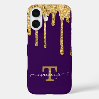 Funda iPhone 16 Nombre personalizado Oro Purpurina falso Drin Mono