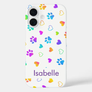 Funda iPhone 16 Nombre personalizado Patrón de huella de pata colo