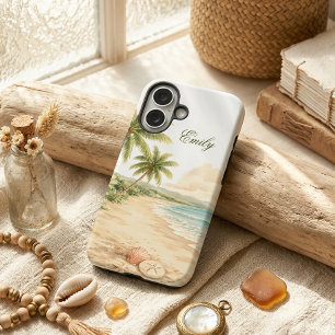 Funda iPhone 16 Nombre Personalizado Playa Acuarela Estética