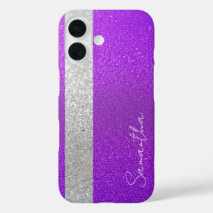Funda iPhone 16 Nombre personalizado Purpurina morado y plateado