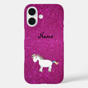Funda iPhone 16 Nombre personalizado purpurina rosa de unicorn