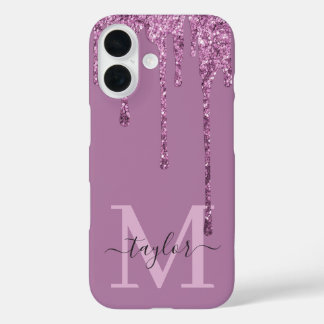 Funda iPhone 16 Nombre personalizado Purpurina rosado falso goteo 
