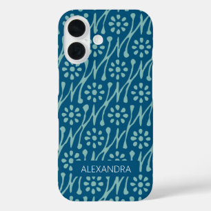 Funda iPhone 16 Nombre personalizado Retro floral Verde azulado Bl