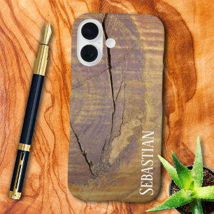 Funda iPhone 16 Nombre personalizado rústico Nudo de madera de ced