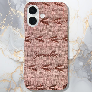 Funda iPhone 16 Nombre Personalizado Toile de Lino Polvo Rosa Raya