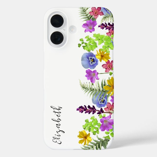 Funda iPhone 16 Nombre y monograma personalizados de los Wildflowe (Reverso )