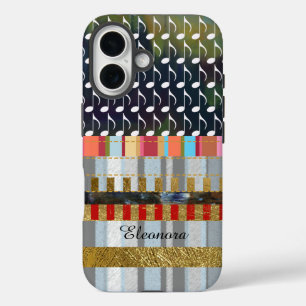 Funda iPhone 16 notas de música y patrones de rayas geniales