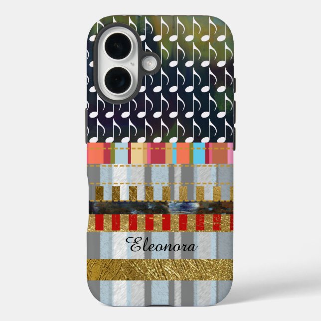 Funda iPhone 16 notas de música y patrones de rayas geniales (Reverso )